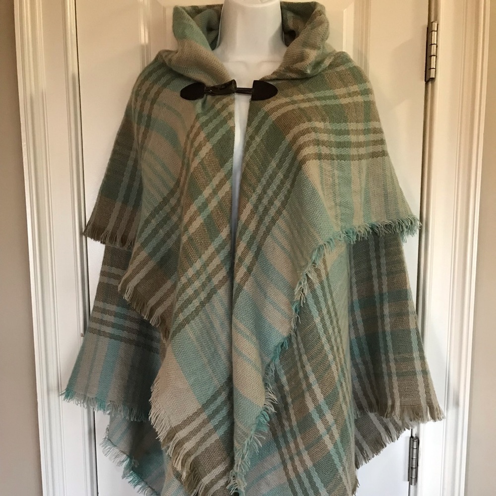 Plaid Flannel Poncho Wrap with Toggle Closure